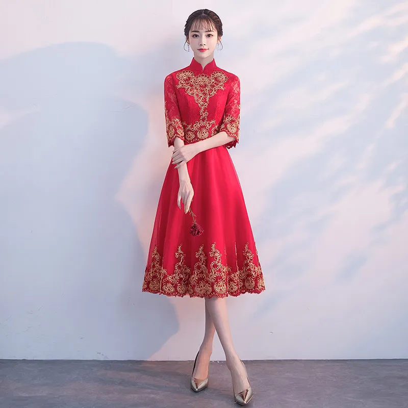 

Elegant Women Qipao Bridal Wedding Dress Chinese Style Mandarin Collar Formal Party Dress Exquisite Lace Mesh Dress Maxi Dress