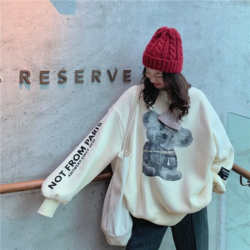 Bear Print Cute Oversized Sweatshirt Korean Loose Plus Velvet Long Sleeve Women Sweetshirts Pullover Womens Clothing Streetwear