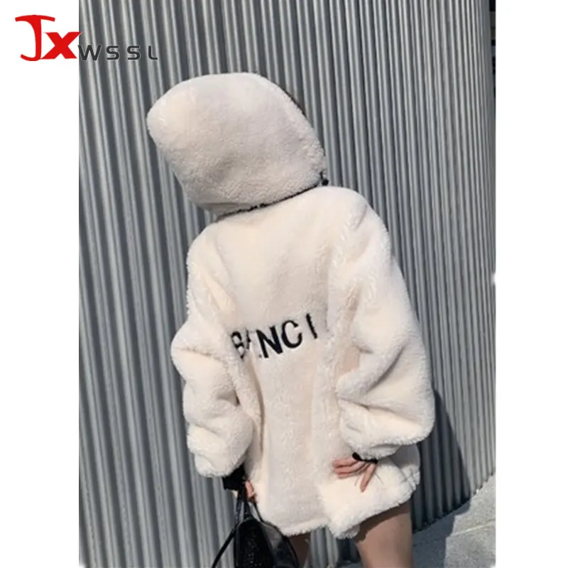 

Winter Fur Coat Women 2021 New Fashion Letter Loose Overcoat Thick Warm Hooded Jacket Female High Quality Luxury Wool Coats