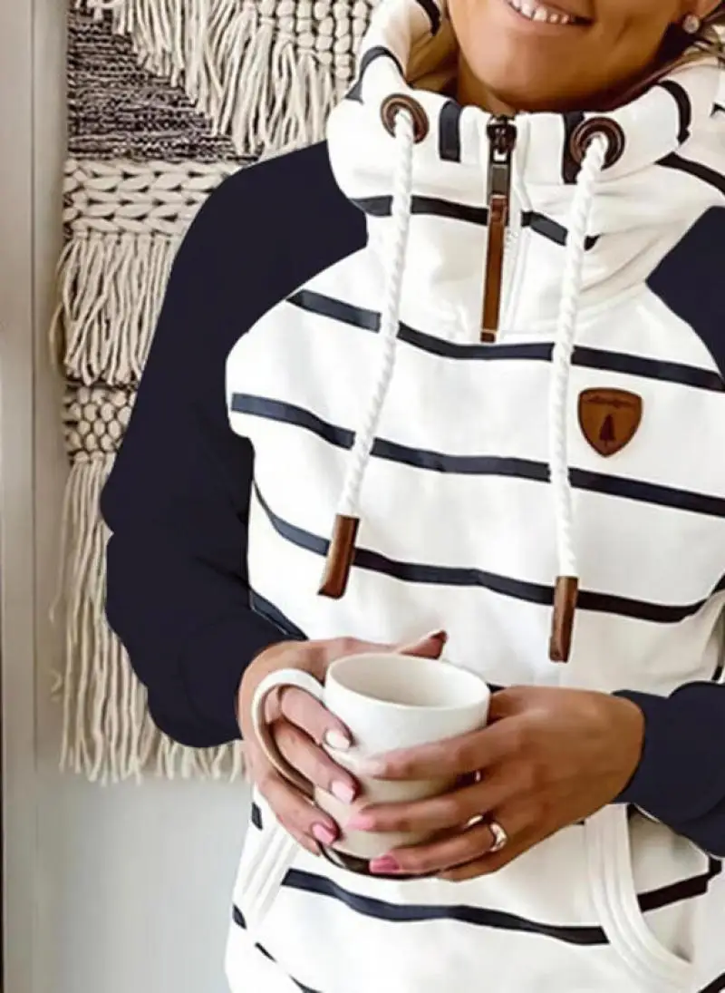 

2021 New Fashion Womens Sweatshirts Stripe Stand Collar Ladies Pullovers Winter Patchwork Slim Hooded Female Sweatshirts