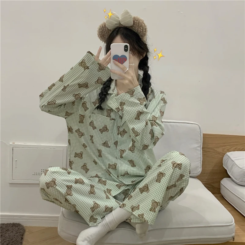 

Cartoon Bear Autumn Pajamas Set Women Kawaii Plaid Two Piece Home Suit Soft Loose Single Breasted Shirts + Trousers Sleepwear
