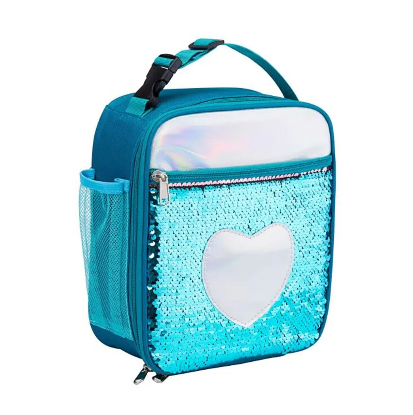 Blue Heart Детская изолированная сумка для обеда с блестками, органайзер для еды, многоразовая сумка для обеда, сумка-холодильник для пикника, Термосумка для детей и женщин - Цвет: Blue Heart