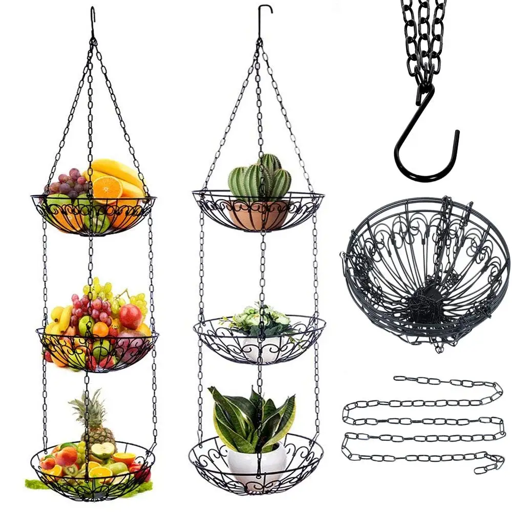 3 ярусная корзина для фруктов Овощная кухонная корзинка хранения висячая цепь