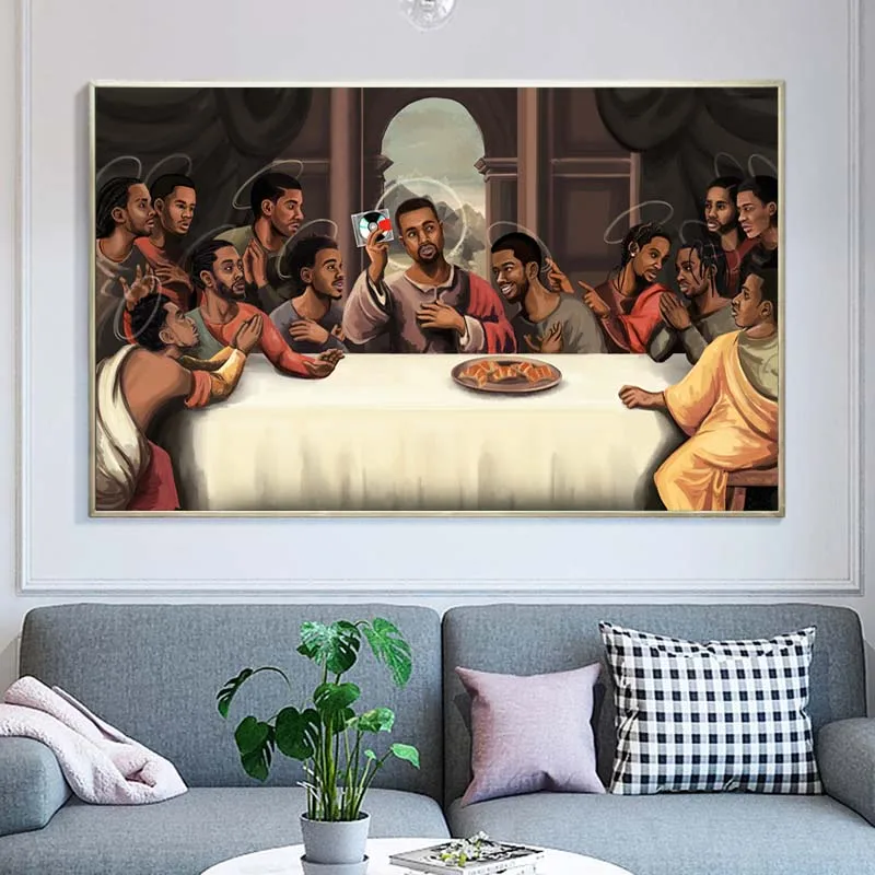 Последняя вечеря хип-хоп исполнителя, звезды рэпа, картина на холсте с изображением популярного певца Канье Уэста, постер для стен, печать искусства для домашнего украшения без рамы.