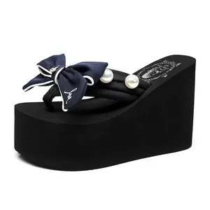 2021 Bowknot Heeled Flip Flops Women Slippers Summer 11CM High Heels Wedge Platform Shoes Sweet Womens Beach Slippers Fashion