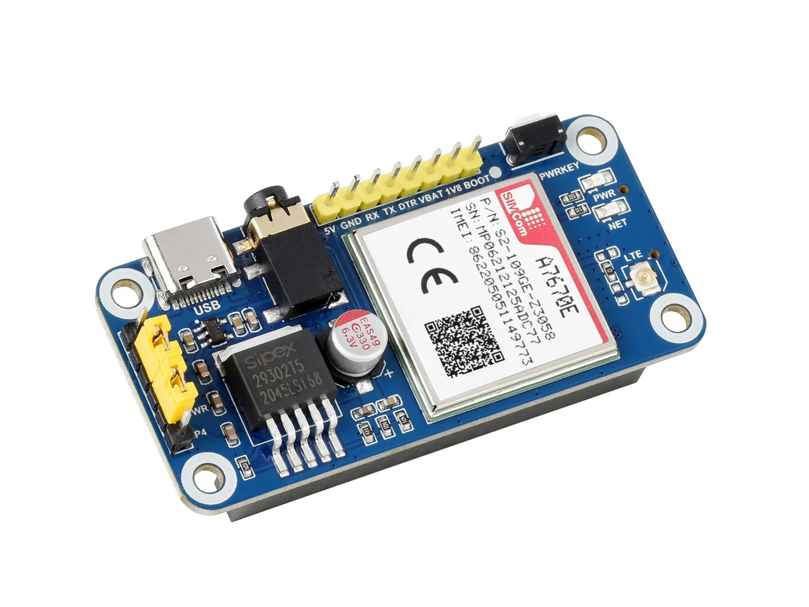 Шляпа A7670E LTE Cat-1 для Raspberry Pi Многополосная 2G GSM / GPRS LBS Европы Юго-Восточной Азии