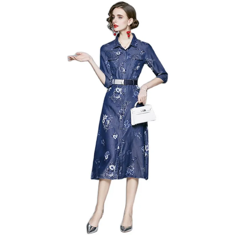 

2021 Spring Fashion Designer Floral Print Midi Tencel Denim Dress Women Turn Down Collar Elegant Midi Casual Robe Femme Vestidos