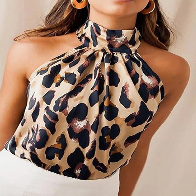 

Sexy Off Shoulder Leopard Blouse Chiffon Women Tops Summer 2021 Animal Print Casual Backless Sleeveless Shirts