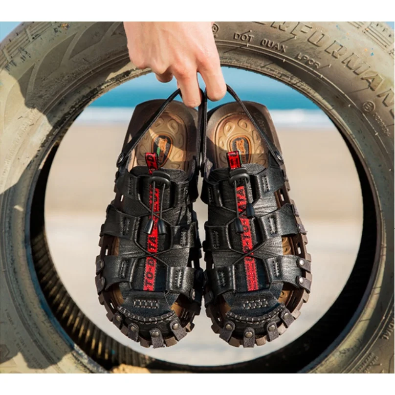 ☆ Самая низкая цена гарантирует мужские уличные сандалии кожаные пляжные