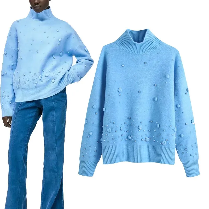 Женский вязаный свитер с бусинами и высоким воротником Синий Свитер оверсайз