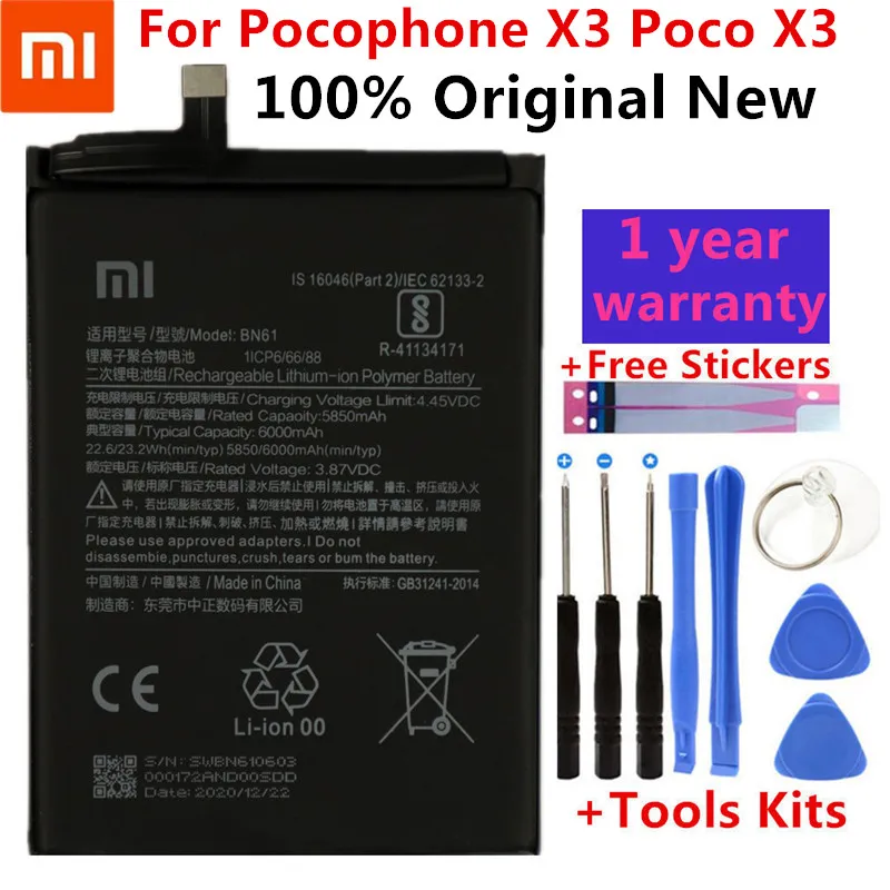 

100% Original Xiao Mi Battery BN61 6000mAh For Xiaomi Pocophone X3 Poco X3 Bateria Mobile Phone Replacement Batteries Free Tools