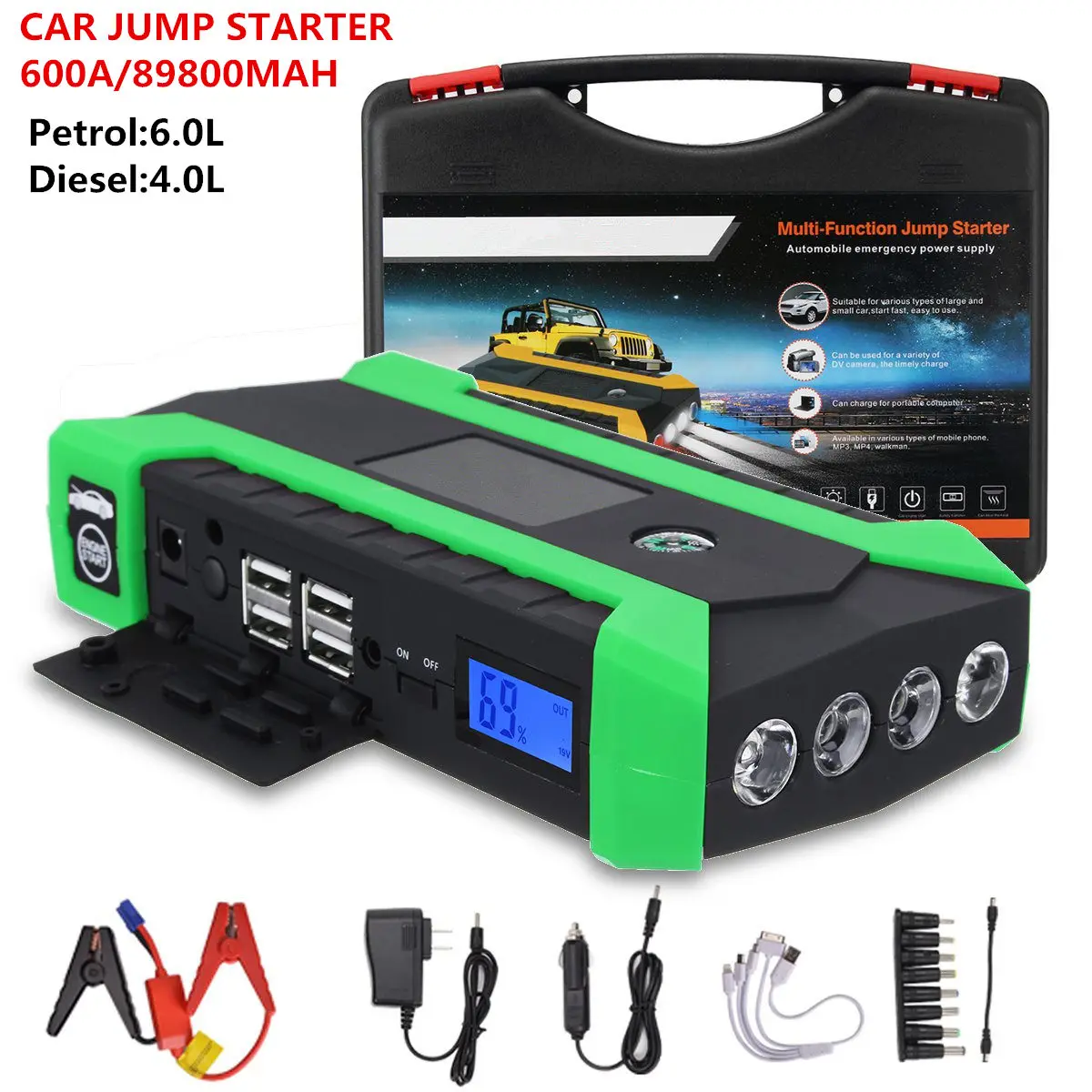 89800mAh 600A 12V 4USB автомобильный стартер портативный аккумулятор усилитель зарядное