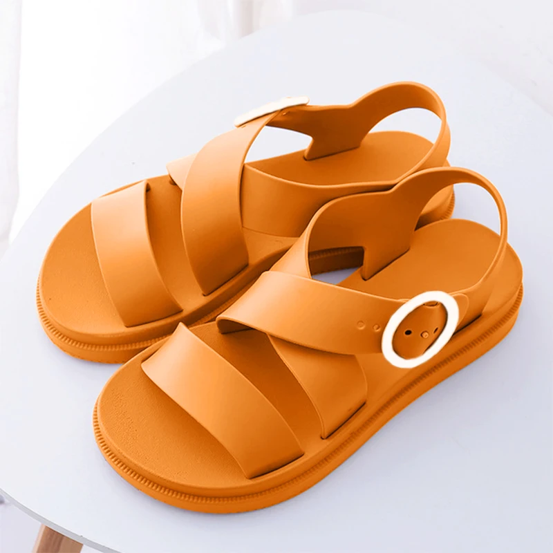 

2021 Flat Sandals Gladiator Open Toe Buckle Soft Jelly Plastic Sandals Women Casual Women's Flat Beach Shoes