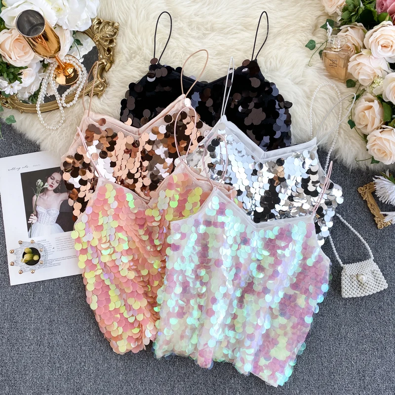 Женский топ с блестками блестящий топик в стиле Харадзюку сверкающий v образным