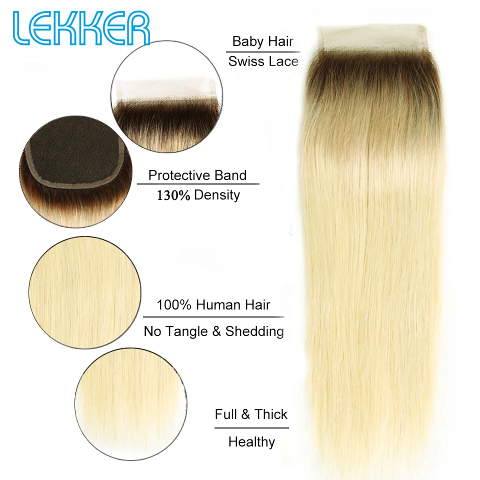 Lekker Remy волосы на застежке T4/613 блонд Омбре Кружева Закрытие бразильские прямые 4x4
