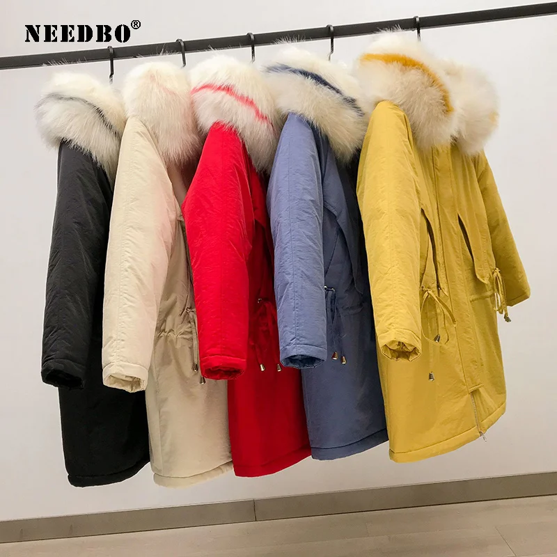 NEEDBO Warm Woman Winter Coats Puffer Winter Jacket Women Long Parka Fur Collar Casual Padded Outwear Black Long Fur Coat Women