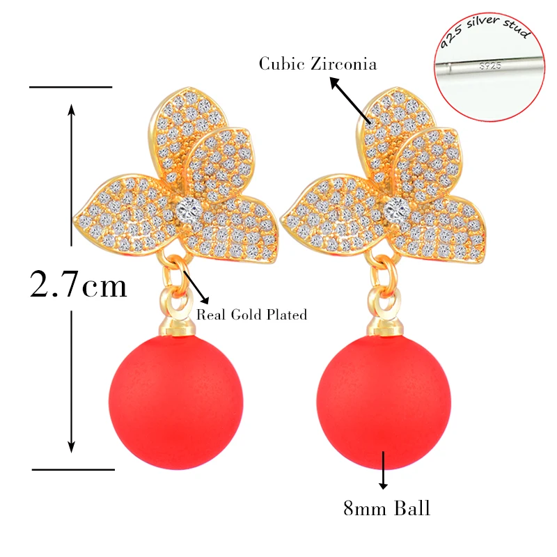 

SINLEERY 3 Petals Crystal Flower Earrings With Red Ball Pearl Drop Earring Women's Fashion 2021 176 LK6