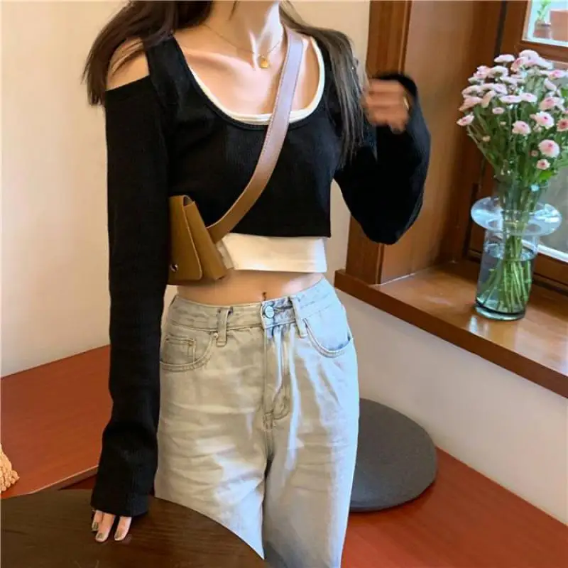 Yedinas Off Shoulder Crop Tops Women Knitted Sweater Female Slim Short Sweaters Pink Bodycon Long Sleeve Casual Solid Basic Top | Женская