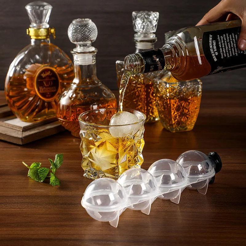 

Four Holes Ice Tray Mould DIY Drink Whiskey Wine Cocktail Spherical Ice Cube Round Plastic Trays Mold Easy Use Safety Protection