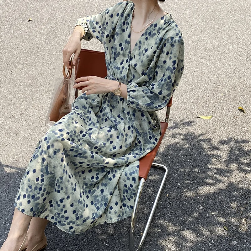 

Waist V-neck Lantern Sleeve Floral Print Summer 2022 Loose French Smudge Temperament Long Dress Mid Length Dress