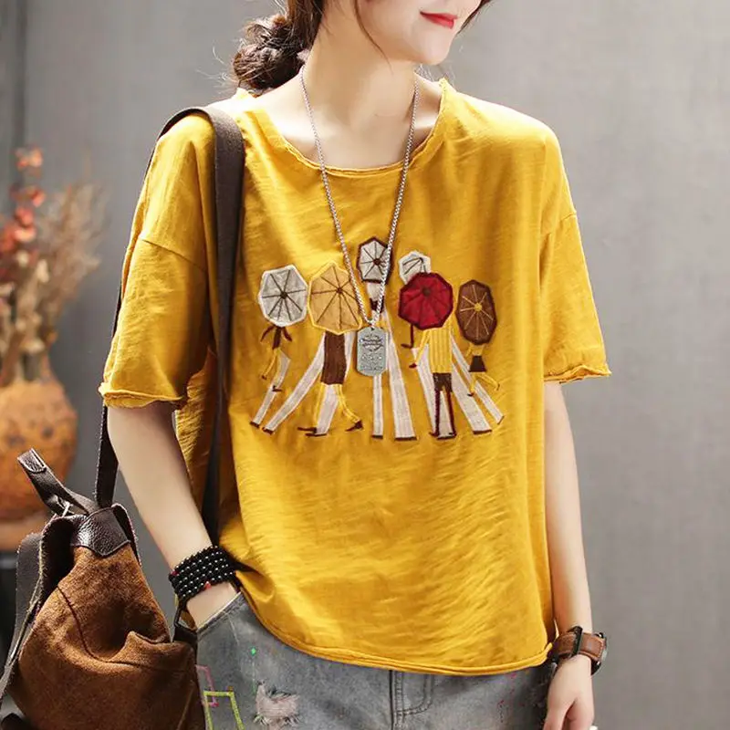 

Pure Cotton Literary Retro Plus Size Loose Short-Sleeved T-Shirt Female Summer Korean Version Of The New Embroidered Flower