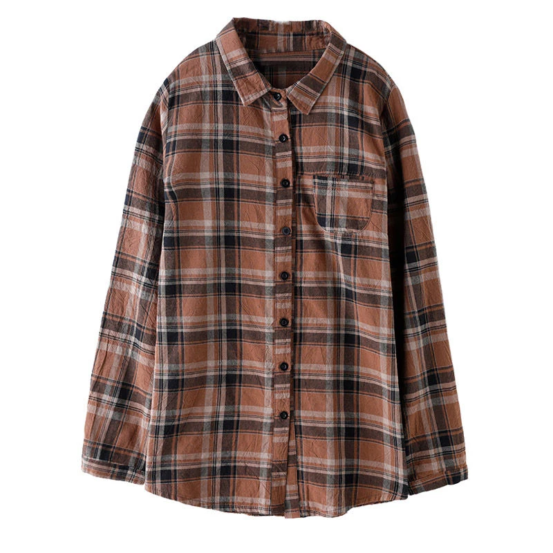 New Arrival Spring Autumn Women Long Sleeve Loose Shirt Plus Size Casual Plaid Turn-down Collar Blouse Cotton Ladies Tops S569 | Женская