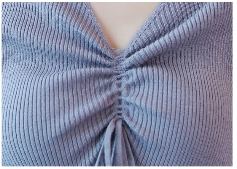 #5256 эластичное платье свитер для женщин с V образным вырезом и высокой талией