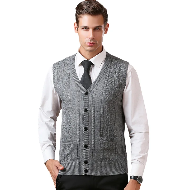 

2020 Autumn and Winter Men's Woolen Sleeveless Vest V-neck single breasted Cardigan Wheat Jacquard Business Knitted Waistcoat