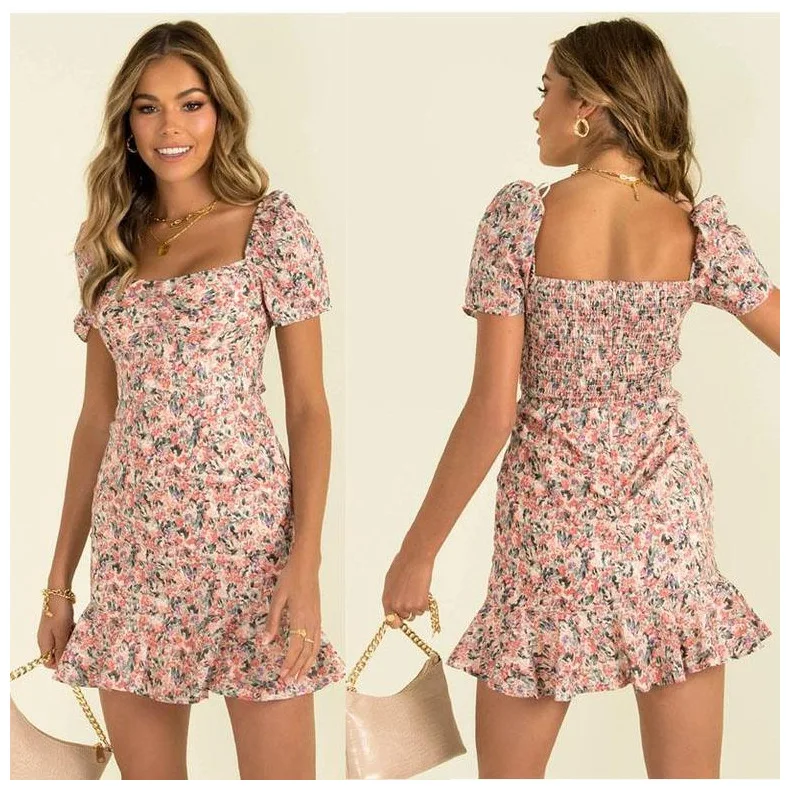 

WEPBEL Dress Women's Casual Floral Print Slim Dress Summer Fashion Short Sleeve Backless Square Collar High Waist Dress