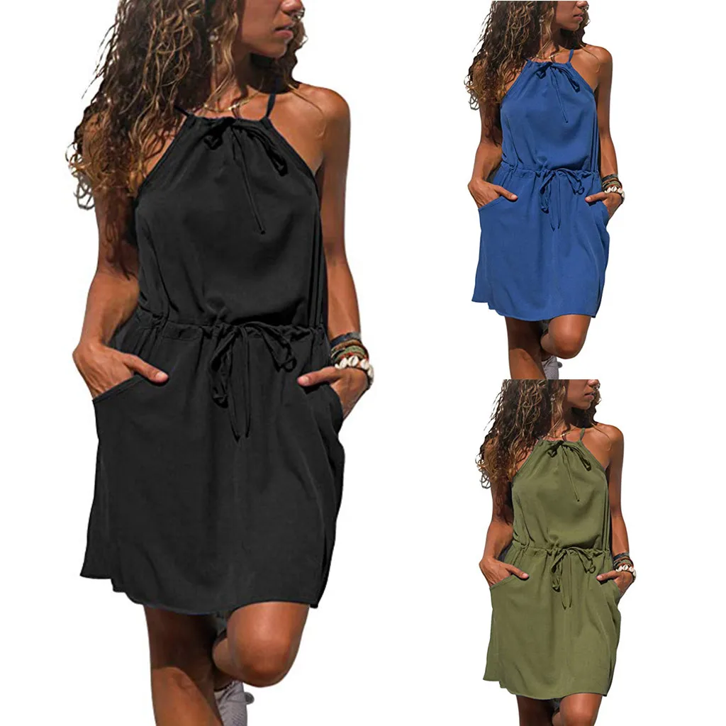 

Ladies Solid Color Sleeveless Halter Neck Dress 2021 New Casual Tie Waist Loose Beach Knee-length Skirt