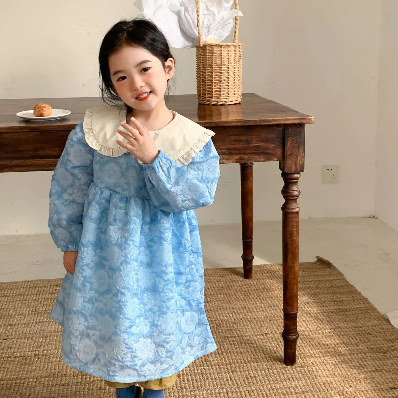 

Girl Dress Kids Baby Party Evening Gown Cotton 2022 Blue Spring Autumn Cotton Flower Girl Dress Vestido Robe Fille Children Clot