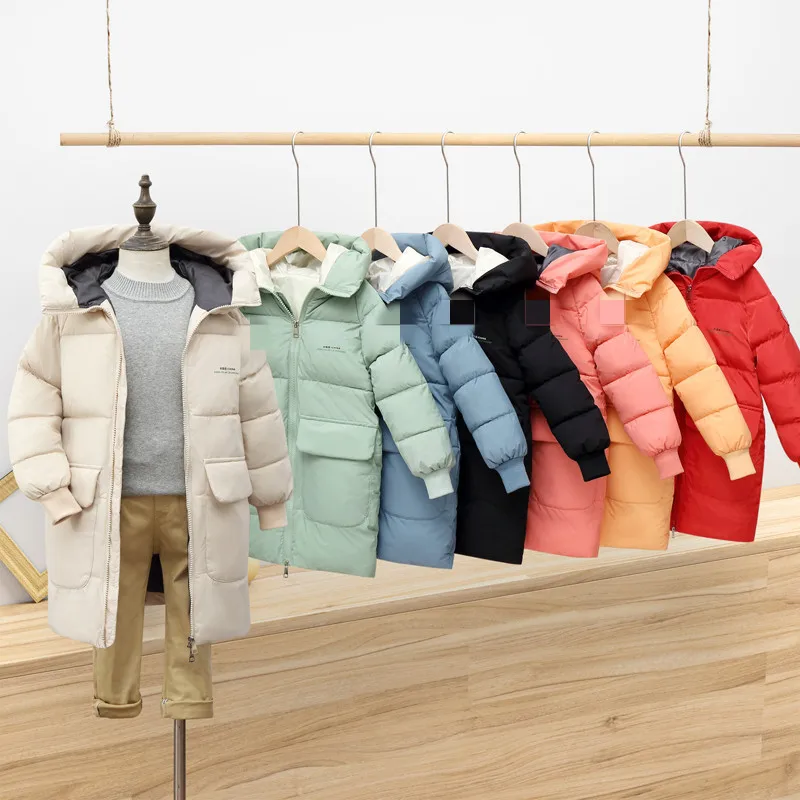 

2021 Winter Children's Clothing Soild Color Hooded Down Jacket Baby Girl Boys Warm Long Coat Kids Thicken Outerwear Outfits