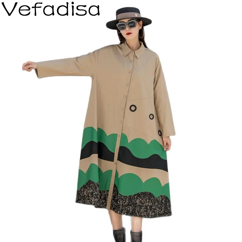 

Vefadisa 2022 Fashion Patchwork A-LINE Shirt Dress Long Sleeve Female Dress Casual Khaki Spring Print Women Dress TT1051