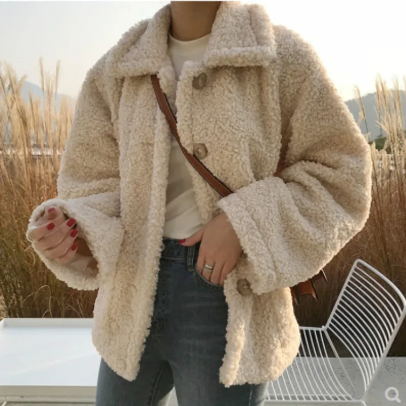 

New Korean Version Of Pure Color Lamb Wool Warm Jacket Women Loose Casual Faux Sheepskin Thick Jacket Wm*