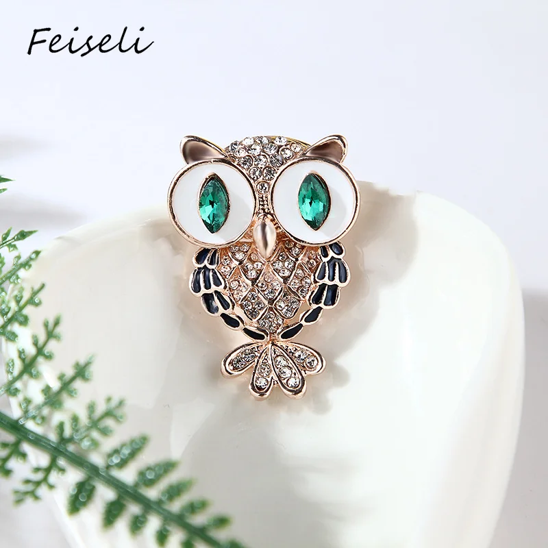 Feiseli Милая Эмаль Кристалл Стразы Сова Брошь для женщин свитер одежда воротник