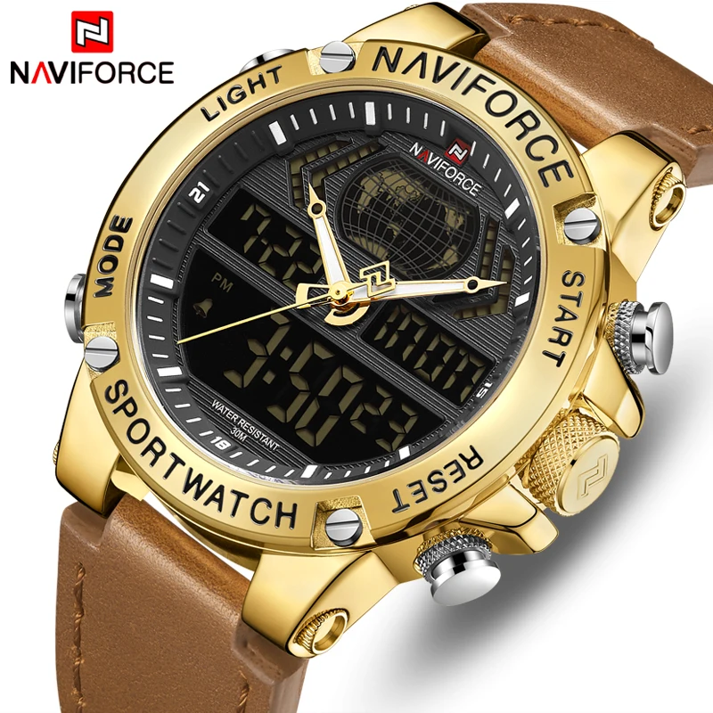 

Часы NAVIFORCE мужские, спортивные, аналоговые, цифровые, с двойным дисплеем, водонепроницаемые, с кожаным ремешком