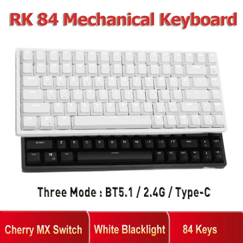 

RK84 84 Key Cherry MX Switch Mechanical Keyboard Three Mode BT5.1/2.4G/Type-C Wired Gamer Mechanical Keyboards White Blacklight