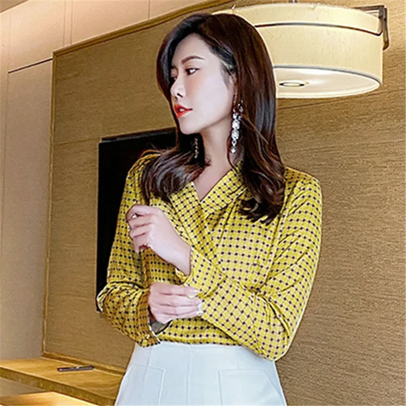 Женская Асимметричная блузка желтая Блузка в клетку с отложным воротником и