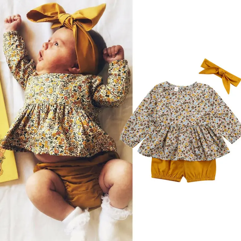 

CANIS 3PCS Newborn Infant Toddler Baby Girls Long Sleeve Floral Printed Tops Dress+ Solid Color Short Pants Clothes
