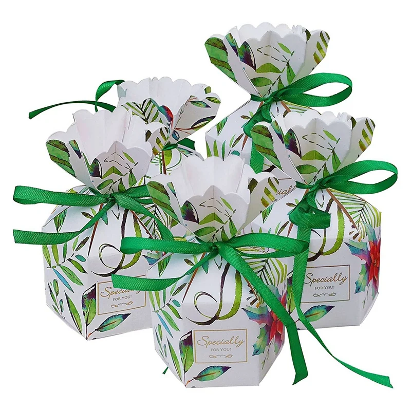 

50 шт. лист узор с вазой-образные коробки для конфет Свадебные подарки на день рождения с зеленой лентой Декор (зеленые листья)