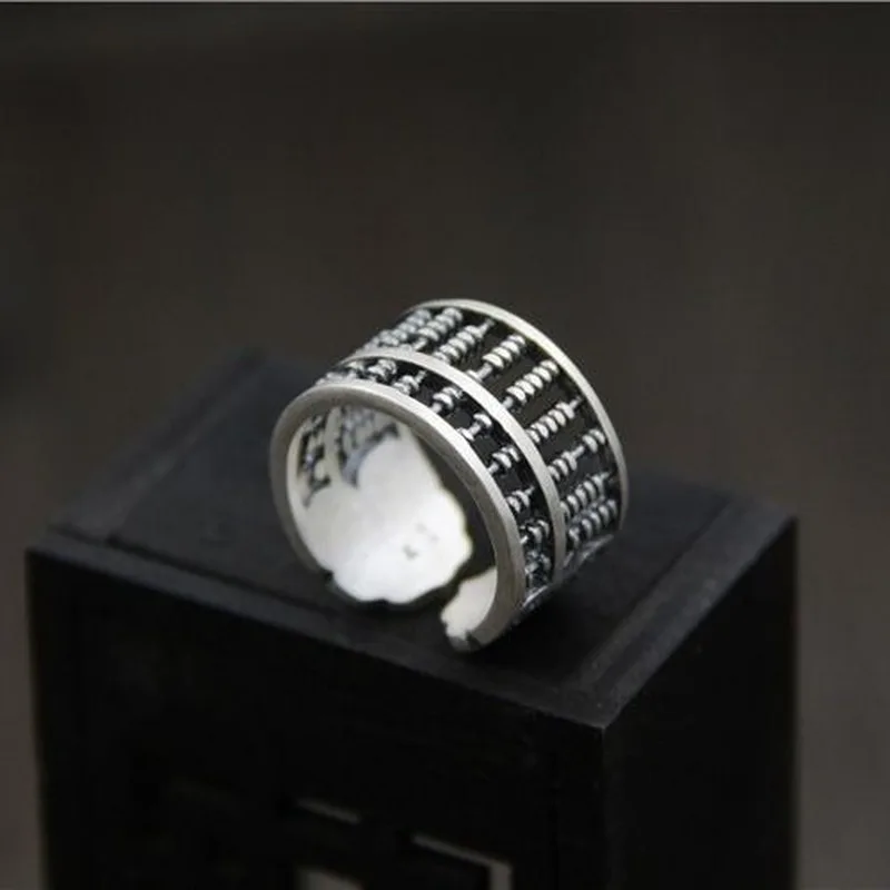

S925 silver retro craftsmanship ancient Chinese arithmetic plate big domineering opening adjustable men's ring