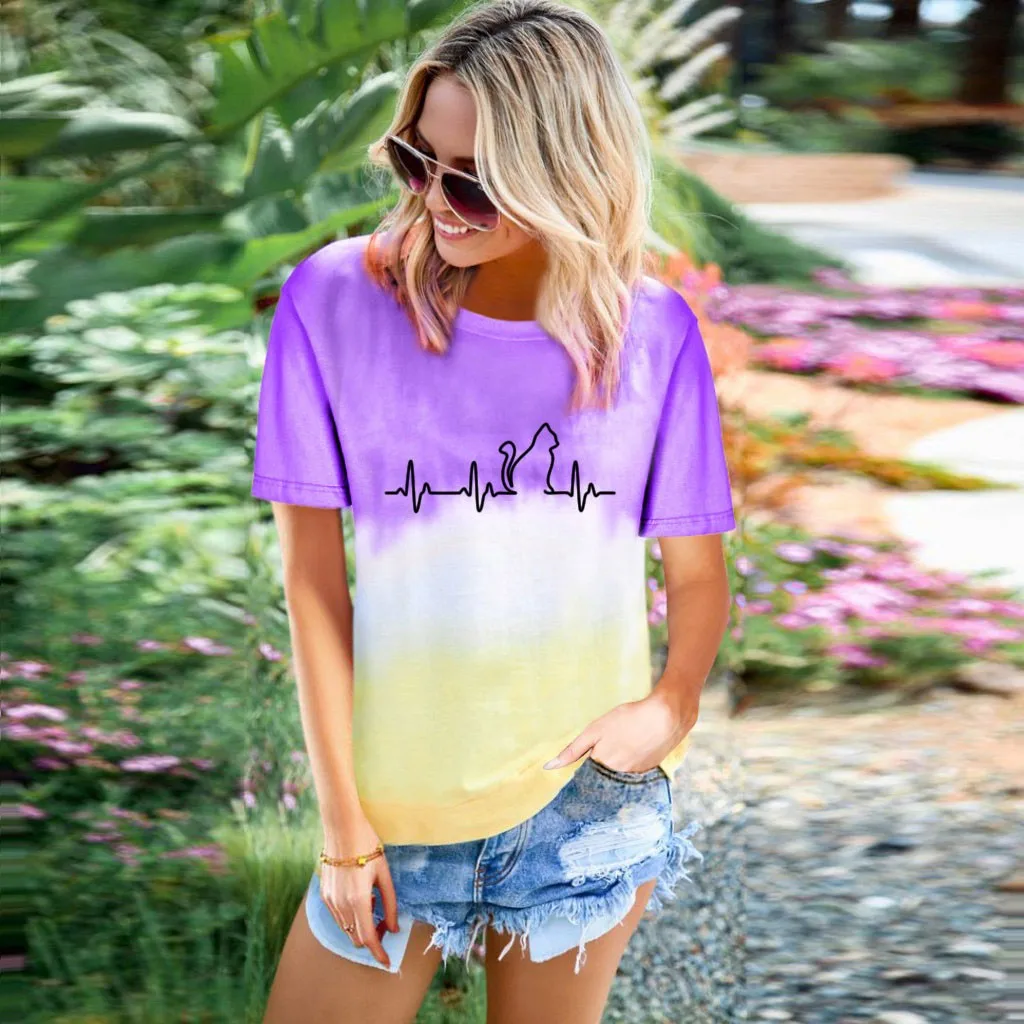 Размера плюс футболки женская футболка с круглым вырезом на шее Тай-дай градиент