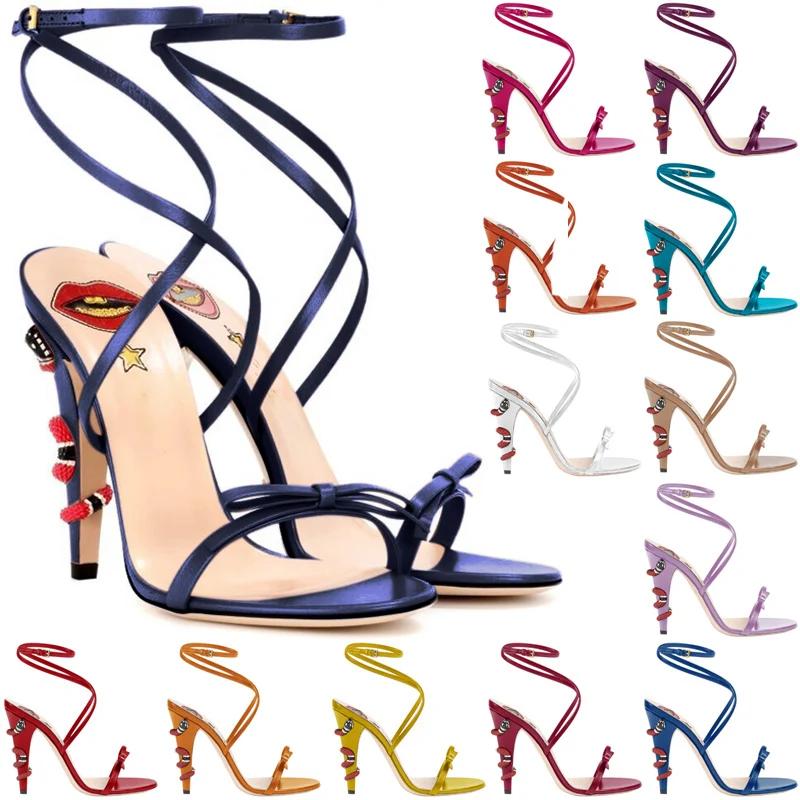 

Women Spike High Heels Sexy Sandals Snake Evening Party Bowing Shoes Buckle Ankle Strap Bridals Ball Summer Lady Sandals C-SL-1