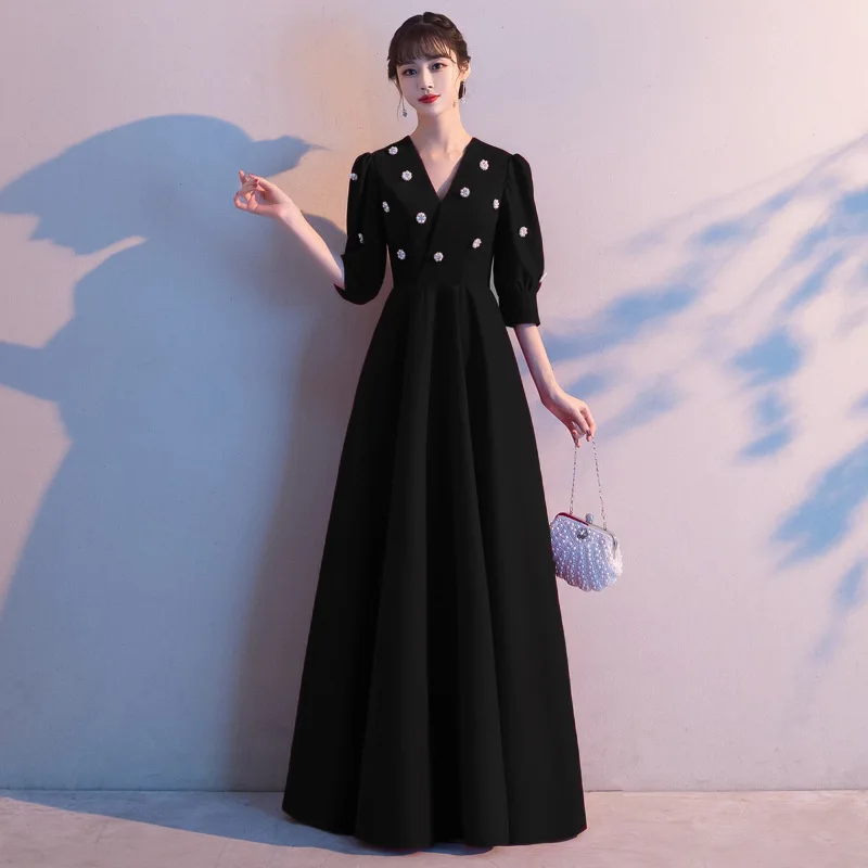 

New Long Burgundy Formal Occasion Evening Dresses DongCMY Elegant V-Neck Vestido Party Robe De Soiree Flowers Gown