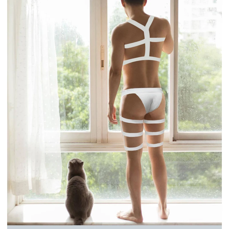 white briefs harness Нижнее белье для мужчин, сексуальные ремни, пояс для ног, трусы, длинные носки, бандаж, нижнее белье, эластичный эротический костюм, набор, фетиш, Hombre, чулки - Цвет: white briefs harness
