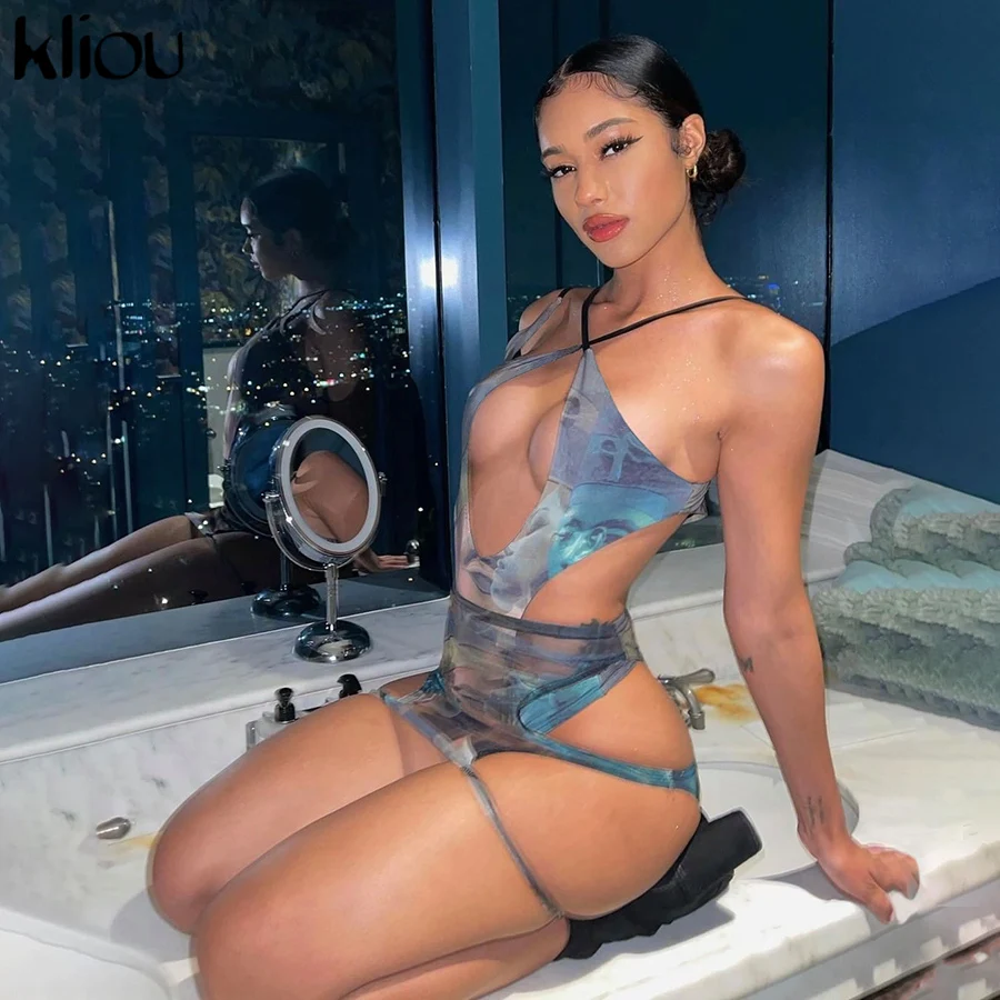 

Kliou Print Cut Out Strap Sexy Hot Midnight Two Piece Outfits For Women 2021 Skinny Bodysuit+Skirt Party Clubwear Matching Set