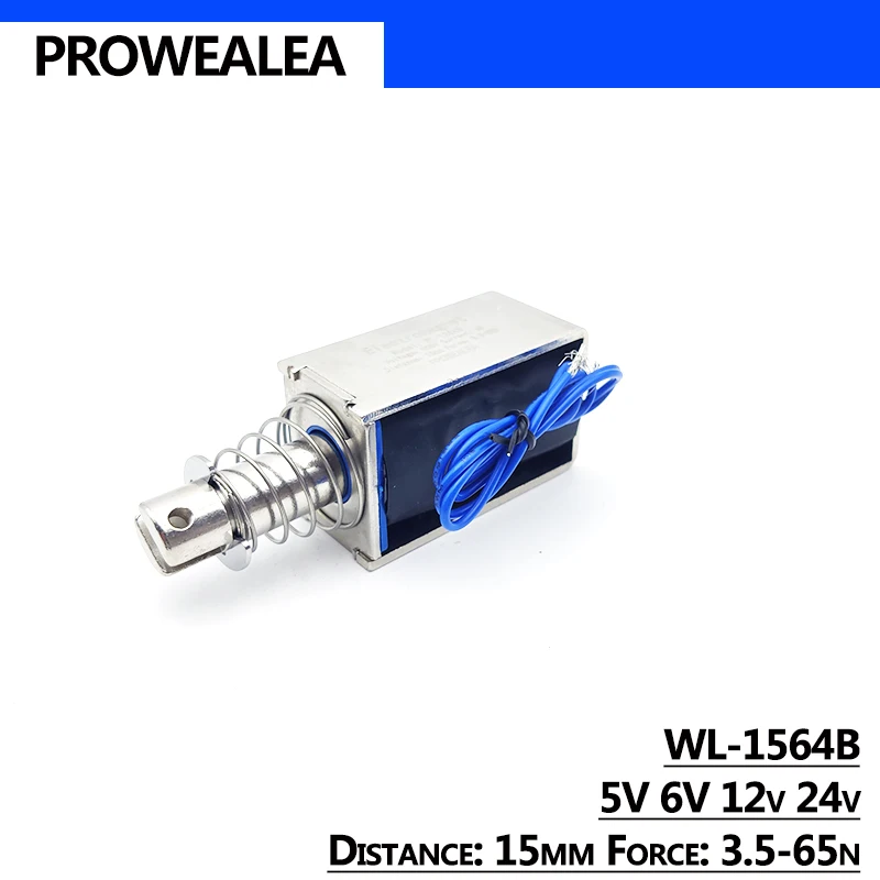 Электромагнит с нажимным вытяжением, модель WL-1564B 5 В, 6 в, 12 В, 24 В, сила тяги 3,5-65N, 15 мм, Линейный Электрический магнит с открытой рамкой