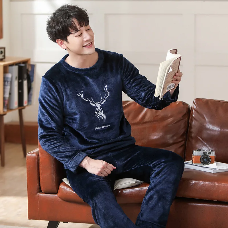 Мужской пижамный комплект на осень и зиму теплые фланелевые утолщенные Мужские