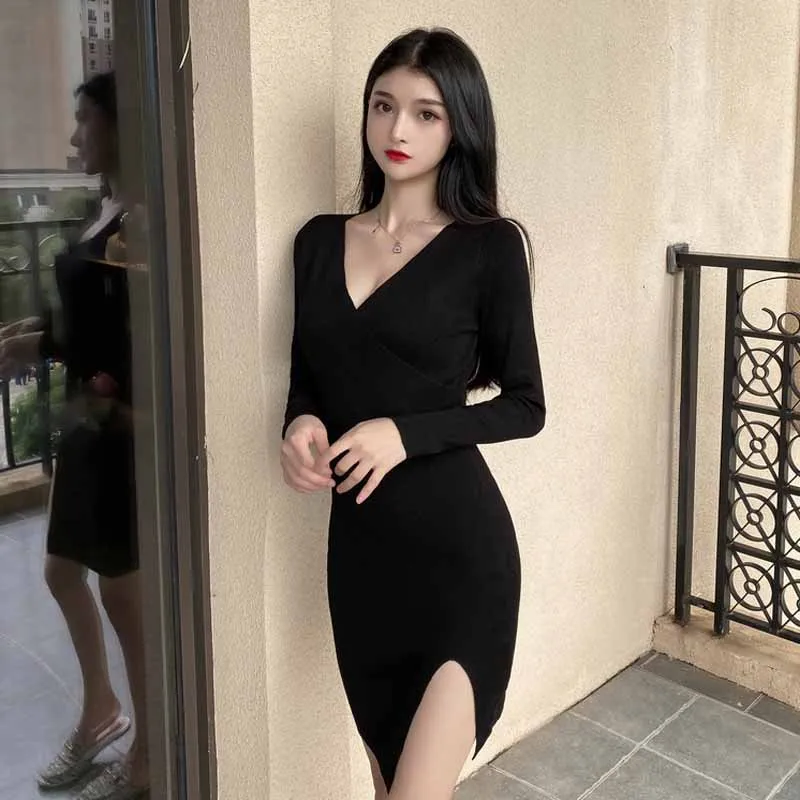

2020 Autumn Elegant V-Neck Waist Slim Sweater Mini Dress Vintage Sexy Winter Split Knitted Sweater Women One-Piece Dress Femme