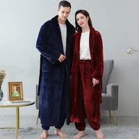 men winter extra long thick warm flannel robe sets plus size bathrobe pant waist elastic coral fleece pajamas women bath robe